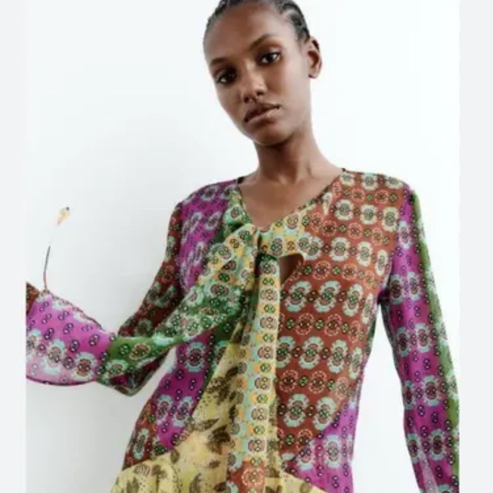 Zara Zodiac Printed Tie Front Sheer Blouse
